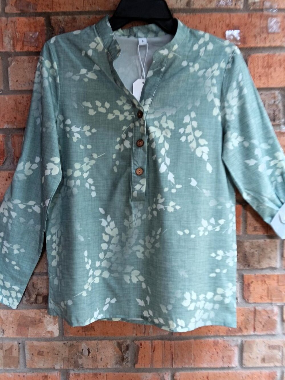 Womens Top Blouse Popover Long Sleeves Roll Tab Green Size S